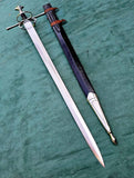 European hand and a half longsword with scabbard displayed on a green background.