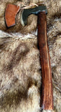 Short Viking Bearded axe with leather edge cover, hand-forged from 1090 carbon steel for durability.