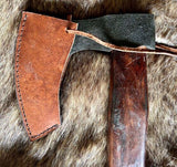 Close-up of the leather edge cover on a Short Viking Bearded Axe, showcasing its craftsmanship and durable materials.