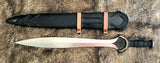 Celtic leaf blade war sword with leather sheath, hand forged and full tang design.