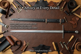 Hand forged Crecy sword displayed with leather tools and details, showcasing craftsmanship and quality materials.