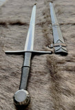 Hand forged Crecy sword with leather wrapped grip and scabbard, displayed on fur background.