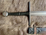 Hand forged Crecy sword with detailed grip and blade, showcasing its functional medieval design.