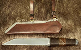 Hjalmar Viking Seax Knife with leather sheath, showcasing the blade and handle design by Kingdom of Arms.