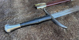 Close-up of the Wakefield knightly bastard sword's hilt and blade, showcasing craftsmanship and design.