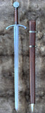The Bedford Medieval War Sword displayed with its sheath, showcasing the design by Bruce Brookhart.