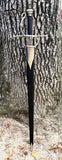 Sidesword With Complex Hilt by Kingdom Of Arms, showcasing a sleek blade against a textured tree backdrop.