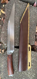 Troll's Bane Runic Viking Seax Knife with leather scabbard and sharp blade against a textured background.