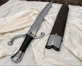 A late medieval to Early Renaissance Falchion sword with a steel 'S' shape guard, black wrapped grip, and a wooden scabbard with brown leather cover.