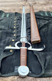 Renaissance Battle Sword and Buckler Combo displayed with scabbard on a black suede backdrop.
