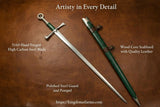Irish hand and a half sword by Kingdom Of Arms with polished steel guard and leather scabbard.