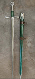 Irish hand and a half sword by Kingdom Of Arms displayed with its scabbard in a detailed view.