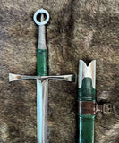 Irish hand and a half sword by Kingdom Of Arms displayed with leather sheath on fur background.
