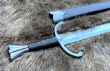 Giornico Arming Sword with upgraded scabbard, showcasing its sharp blade and ornate pommel on fur backdrop.