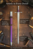 The Genoa an Italian Bastard Long Sword with purple grip, hand-forged steel blade, and quality leather scabbard.