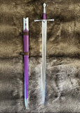 The Genoa an Italian Bastard Long Sword displayed alongside its purple scabbard on a textured surface.
