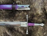 The Genoa an Italian Bastard Long Sword featuring a hand-forged blade and purple grip on a textured background.