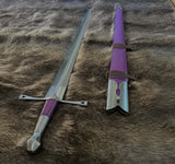 The Genoa an Italian Bastard Long Sword showcasing the blade and purple grip sheath on a fur background.