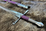 The Genoa an Italian Bastard Long Sword with a purple grip on a fur background, showcasing its hand-forged design.