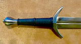 Top view of the Wakefield Medieval Dagger showcasing its leather grip and tapered blade design.